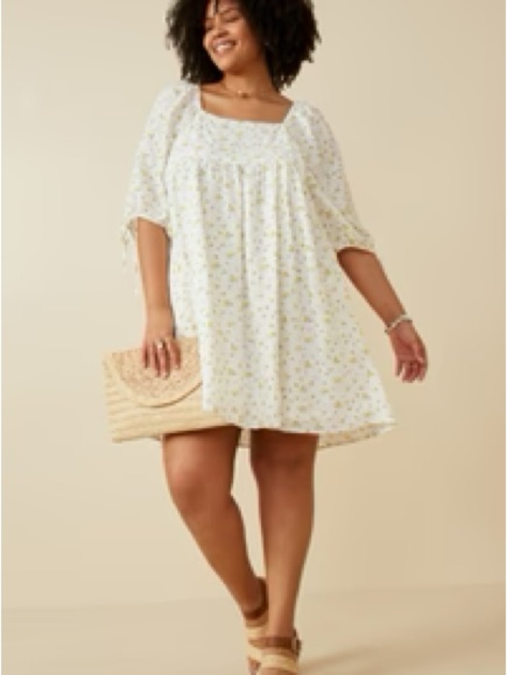 White Floral Mini Dress with Square Neck